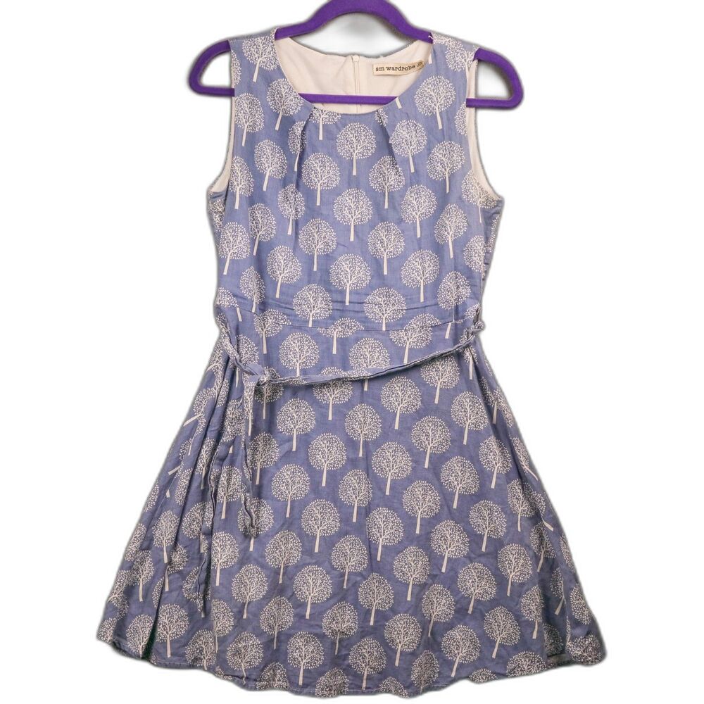 SM Wardrobe Women's Cotton Blue Tree Print Sleeveless Dress Medium